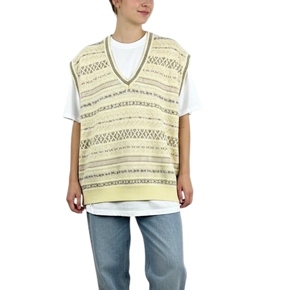 Vtg Rodier Italian cotton yellow fair isle boxy pullover grandpa sweater vest - Picture 1 of 15